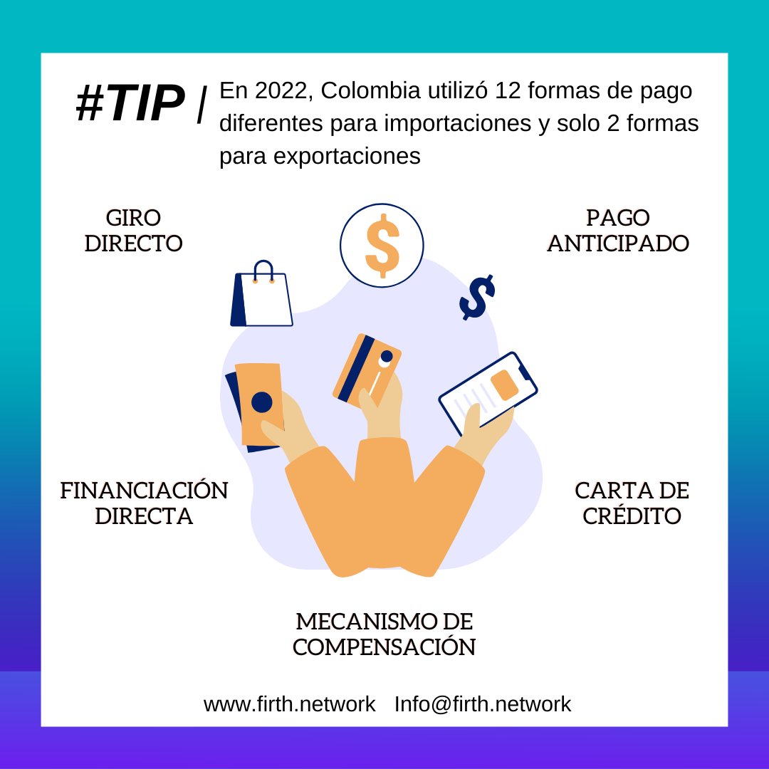 🌐 TIP 9
¿Sabías que, en el 2022, Colombia utilizó 12 formas de pago diferentes para importaciones y solo 2 formas para exportaciones? Estos datos reflejan la importancia de conocer las formas de pago utilizadas en el comercio exterior colombiano para poder adaptarse.