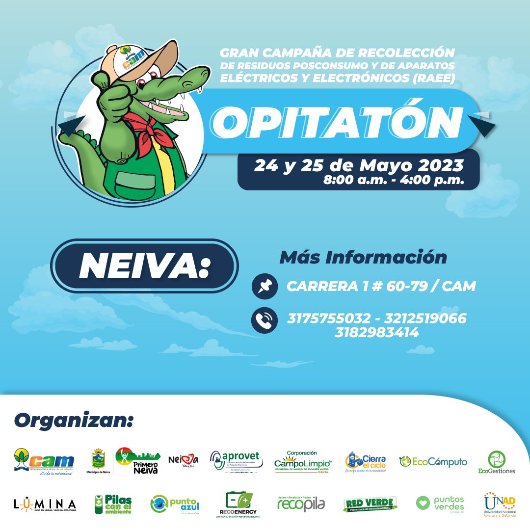 Aprovetco's tweet photo. GRAN CAMPAÑA DE RECOLECCIÓN DE RESIDUOS POSCONSUMO Y DE APARATOS ELÉCTRICOS 
NEIVA, HUILA
FECHA: 24 y 25 Mayo de 2023
HORARIO:  8:00 am a 4:00 pm 
Lugar: CAM (Carrera 1 No 60-79)

#neiva #opita #recoleccion #residuos #posconsumo #aprovet #medicamentos #vet #reciclaje https://t.co/0yYq6rez90