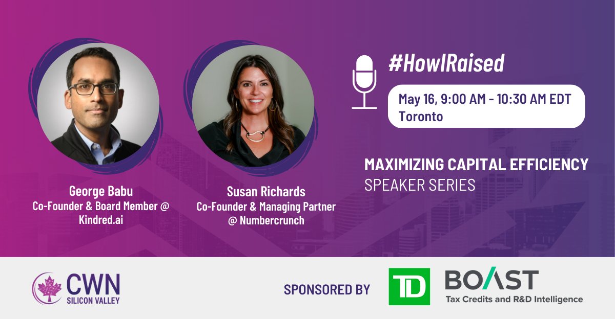 Hey, Toronto! Join <a href="/georgebabu/">George Babu</a> and Susan Richard for our #HowIRaised series on May 16 as they discuss maximizing capital efficiency as a founder. 

Register here: bit.ly/3AOPxPC

Location: TD Tower, 54th Floor, 66 Wellington St. West, Toronto

<a href="/TD_Canada/">TD (Canada)</a> <a href="/BoastCapital/">Boast</a>