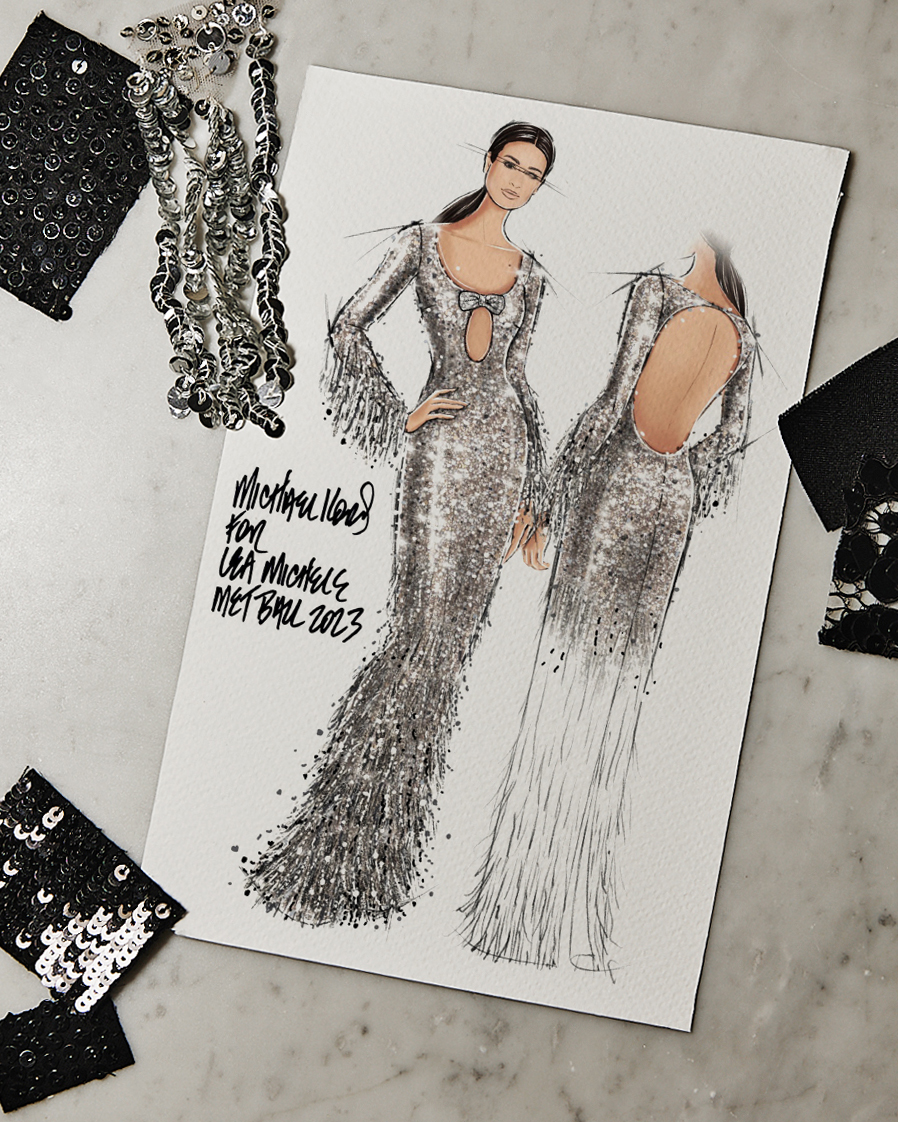 MichaelKors's tweet photo. #LeaMichele wore a custom #MichaelKorsCollection gown with mirrored sequins, dégradé fringe and matching bow to the 2023 #MetGala. Requiring over 1,400 hours of hand embroidery, the gown is adorned with 11,700 mirrored sequins and 10,100 scattered crystals. https://t.co/U6jcgoC1bF