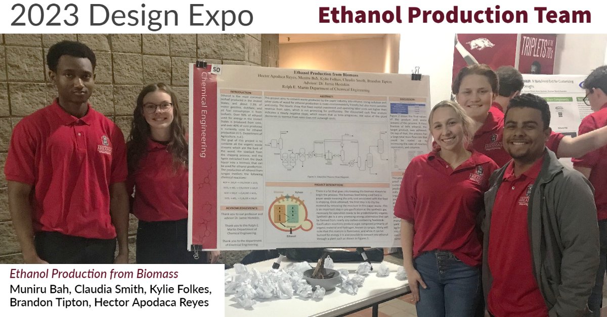 CHEG_UARK's tweet photo. We're proud of our three chemical engineering teams who competed in the @UofA_Engr Design EXPO last week! They represented our department so well in presenting their projects to the industry partners, faculty, alumni, and classmates. Way to go! #cheguark #uarkengineering https://t.co/e6dl5dK3VJ