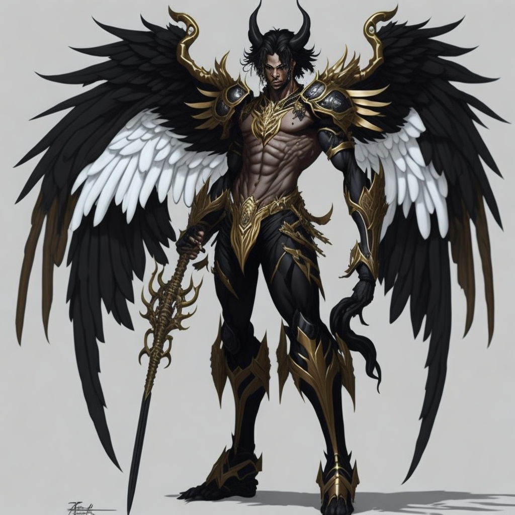 five_hope_bee's tweet photo. My first story:Demoniel

Name: Demoniel Species: A mixed race of angels and demons Characteristics: Has black wings, wears white armor, and has golden eyes. He looks like a fusion of the pure beauty of an angel and the wickedness of a demon. 
made on #LeonardAI #ChatGPT https://t.co/ucUhbyz2me