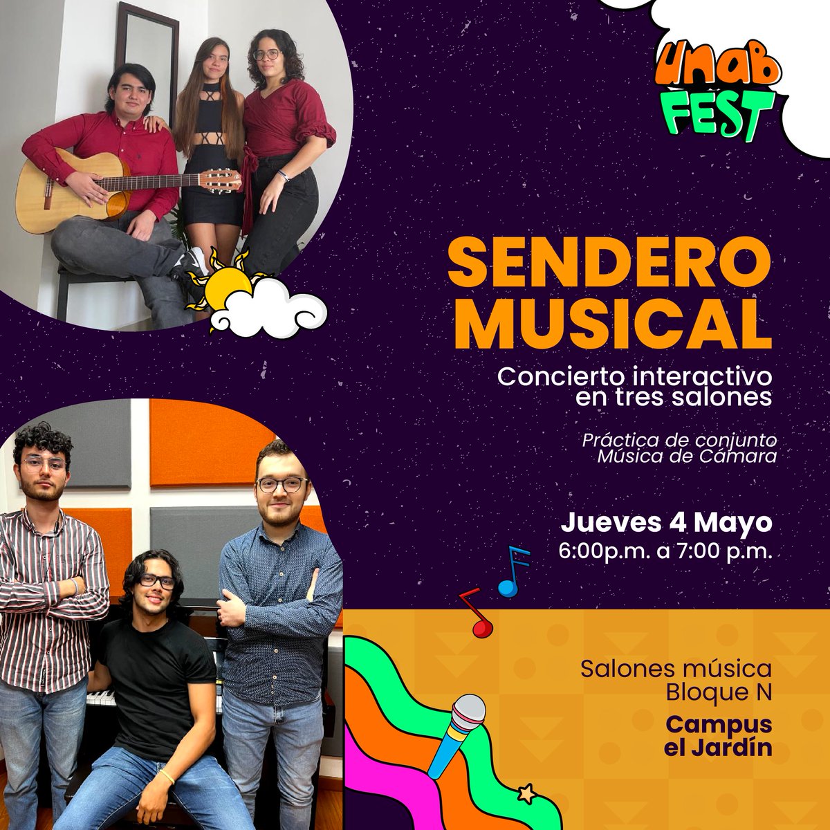 #ComunidadUNAB I ¿Ya conoces la programación de #UNABFest? Te dejamos algunos de los eventos  destacados que si o sí debes tener en tu agenda😍. ¡Prográmate ya! Más información ➡️: bit.ly/44nYg90