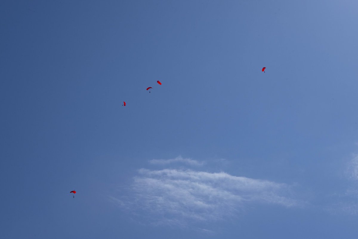 RCAFOperations's tweet photo. Search and Rescue technicians have to land their parachutes in some tight places sometimes! Here #SARTechs from 413 Transport and Rescue Squadron conduct practice jumps from an @RCAF_ARC CC130H Hercules over 14 Wing Greenwood, 28 April, 2023.📸Cpl Ouellet https://t.co/85UZiGmFJ6