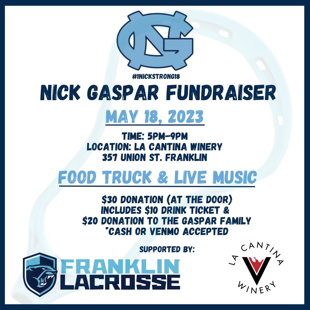 Franklin Community...join us in support of the Gaspar family! We look forward to having you join our <a href="/FranklinHSLax/">FHS Boys Lacrosse</a> family for a very special fundraiser on Thursday May 18th.  #noonefightsalone
<a href="/1NickStrong18/">Nick Strong Foundation</a>