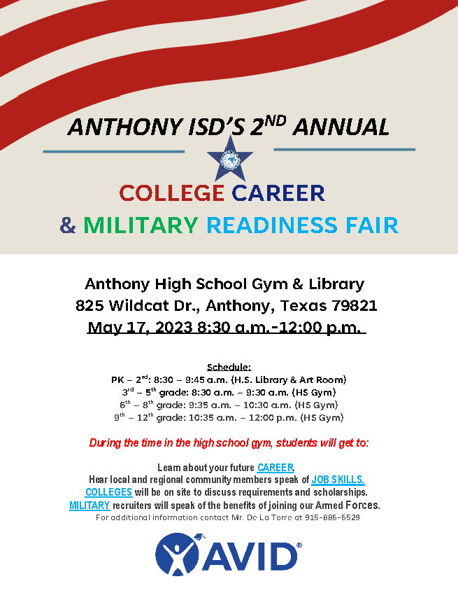Anthony ISD will have its College, Career and Military Readiness Fair May 17. 👨‍🎓👩‍🎓
Students can learn about opportunities available to them. More information in the flyer. ⬇️
