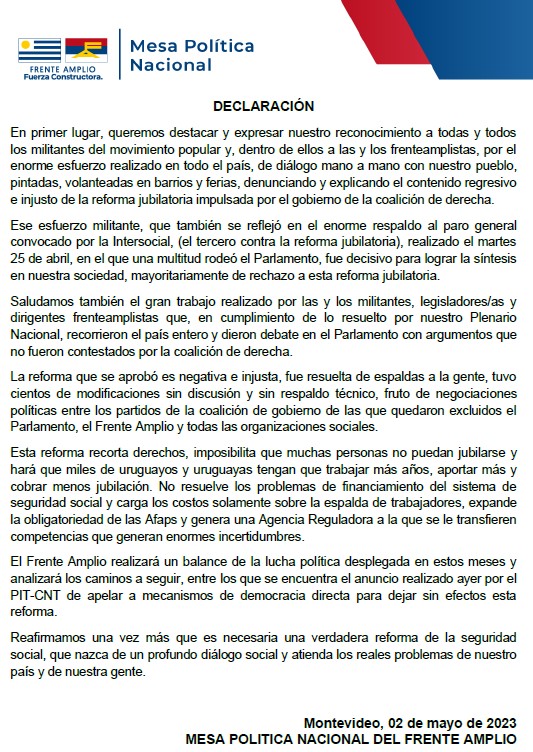 Frente_Amplio's tweet photo. El Gobierno aprobó una reforma de jubilaciones y pensiones injusta, negativa, de espaldas a la gente.

Es necesaria una verdadera reforma de la seguridad social, que nazca de un profundo diálogo social y atienda los reales problemas.

El FA analizará los caminos a seguir. https://t.co/ibM86f8vEK