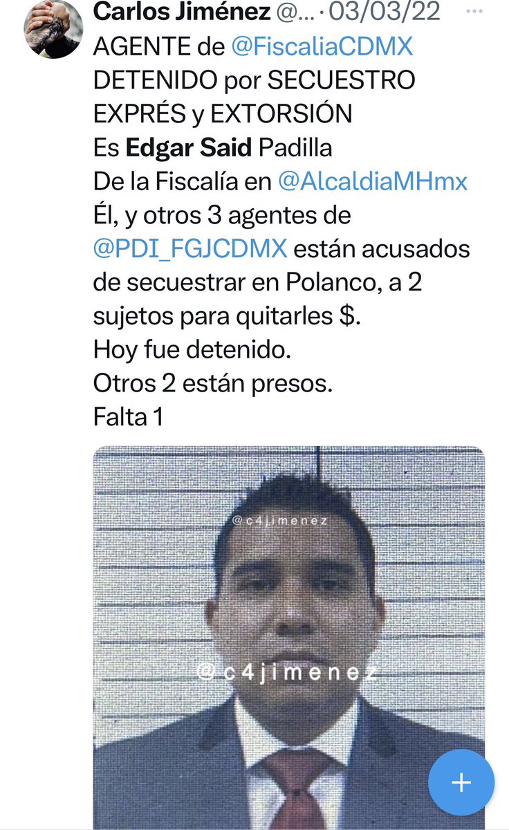 c4jimenez's tweet photo. SE BUSCA, AGENTE SECUESTRADOR!
Es David Nares Rayón agente de @PDI_FGJCDMX 
Junto con otros 3 secuestró y extorsionó a 2 hombres en Polanco.
Él organizó todo y está prófugo.
Uno de sus policías cómplices murió hoy en prisión.
Si lo ubica, denúncielo a @FiscaliaCDMX o @SSC_CDMX https://t.co/qabjLPHpWv