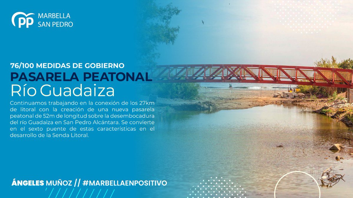 ✅ 76/100 MEDIDAS DE GOBIERNO

Trabajamos en la conexión de los 27km de litoral con la creación de una nueva pasarela peatonal sobre la desembocadura del río Guadaiza en San Pedro. Se convierte en el sexto puente de estas características en el desarrollo de la Senda Litoral.