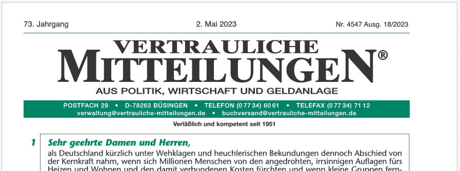 holbach_ch's tweet photo. Die #VertraulichenMitteilungen vom 05.05.2023 sind soeben erschienen. Neu in der #Ausgabe 4547:
- „Zwangspause“ für die #KI-Entwicklung
- #Indien kündigt massive #Investitionen in #Russland an
Mehr Infos: https://t.co/ooFM5GzRmD https://t.co/APQwx131p3