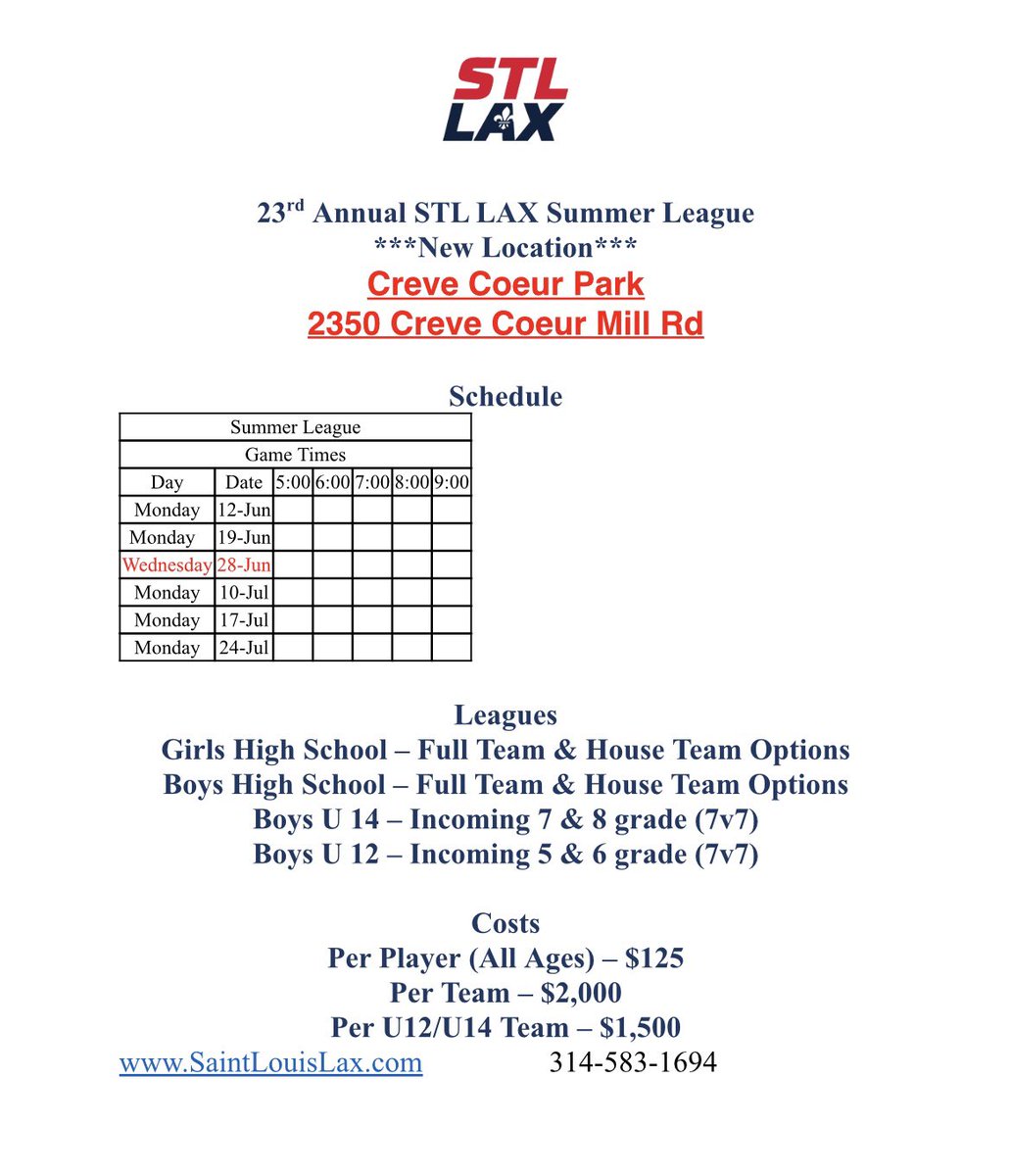 Registration is now open for both Girls and Boys Summer League! BRAND NEW LOCATION!

saintlouislax.com