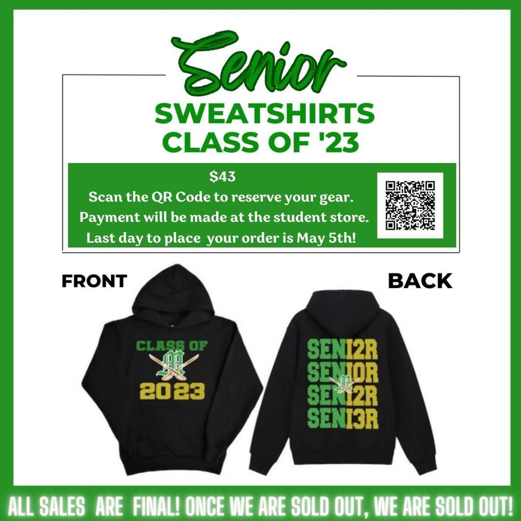 Please see this post from our Senior Class. Senior gear is on sale now and the last day to purchase is May 5th. Scan the QR code or click on the link provided to reserve your hoodie. After reserving it through the code/link, you must go into the student… instagr.am/p/Crv5XJ7BlYb/