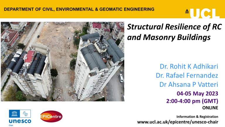 Upcoming webinar:
Structural Resilience of RC and Masonry Buildings
When: 4th and 5th May, 2:00 - 4:00 PM.
More info &amp; registration:
ucl.ac.uk/epicentre/news…