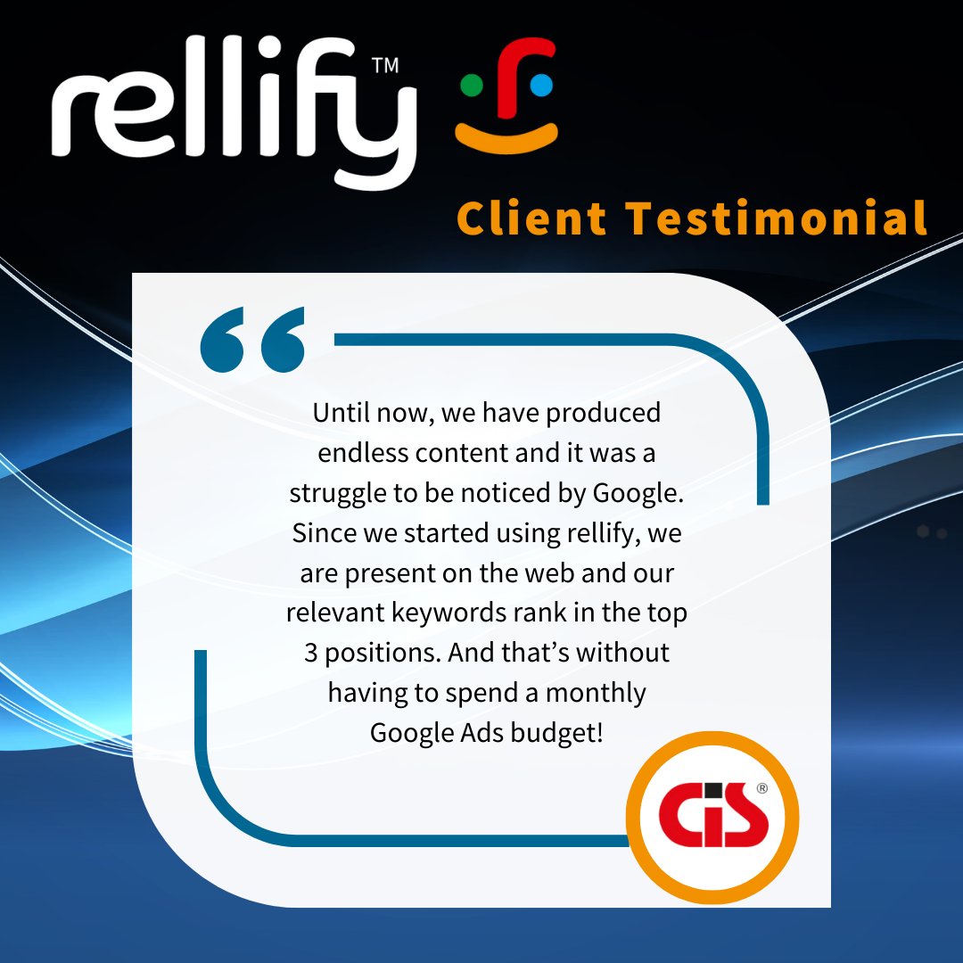 rellify_inc's tweet photo. Many TOP brands use the rellify™ CONTENT service to produce outstanding marketing results. 📈 Check out this amazing testimonial from CIS ✍️📃 Learn more about rellify and our platform at 👉 https://t.co/VYn52grz7a 
#rellify #ContentIntelligence #ContentMarketing https://t.co/g006ERPovS