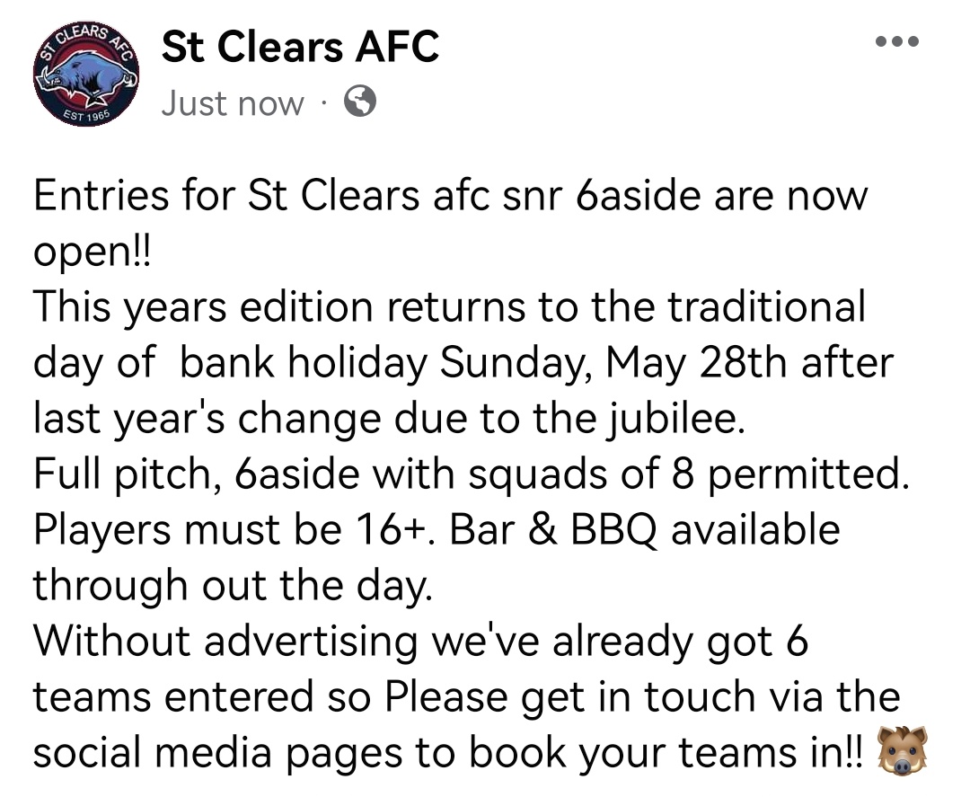 STCLEARSAFC's tweet photo. Entries for St Clears AFC Snr 6aside are now open!! 🐗 https://t.co/Wjf74A27nC