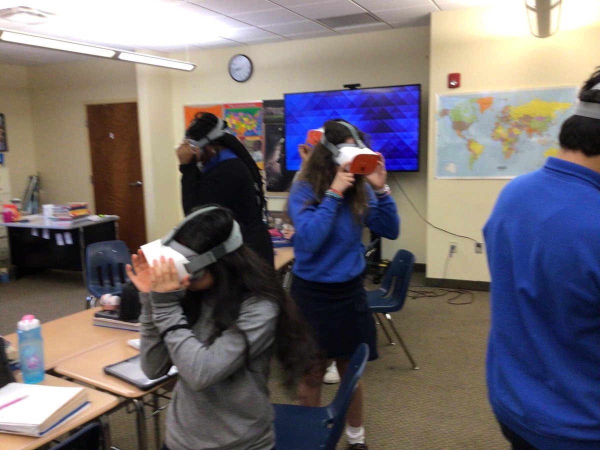 MTASaints's tweet photo. Sixth and seventh grade students used VR headsets for the first time in class today. Sixth grade explored a colonial American village, while seventh grade was able to explore Machu Picchu in Peru. #MTA #VirtualReality https://t.co/vZZaQdaSBB