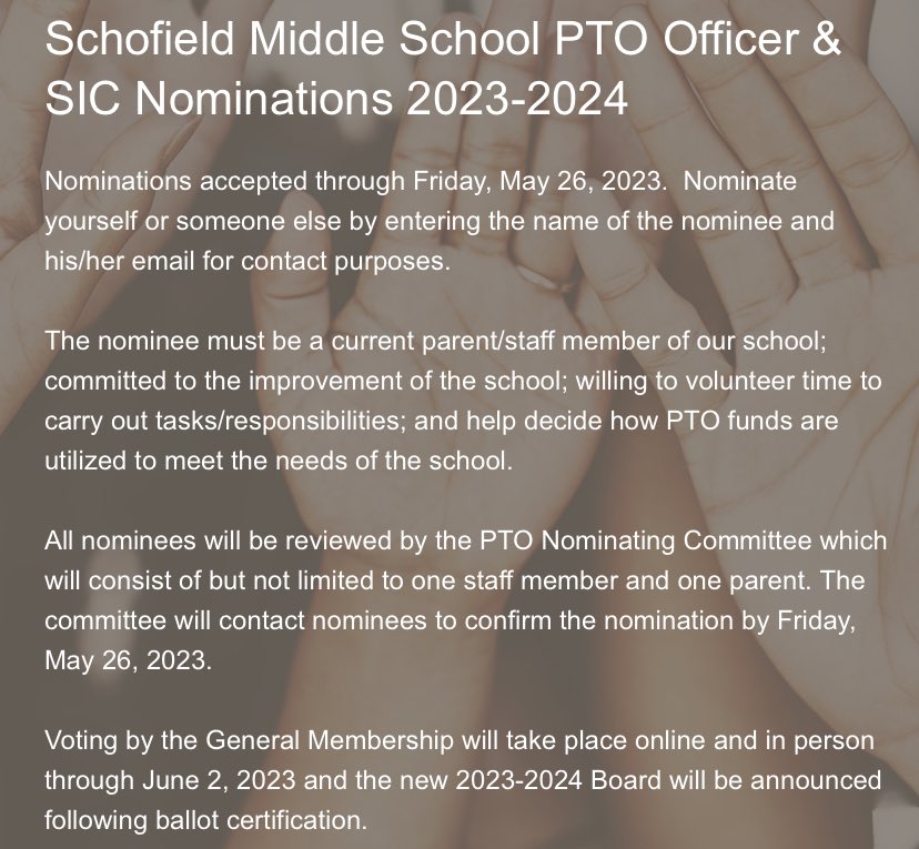 schofieldmiddle's tweet image. forms.office.com/r/0NvcNAUv0T

The link for Schofield Middle School PTO Officer &amp;amp; SIC Nominations for 2023-2024 is now open!  Please complete the form by Friday, May 26, 2023.