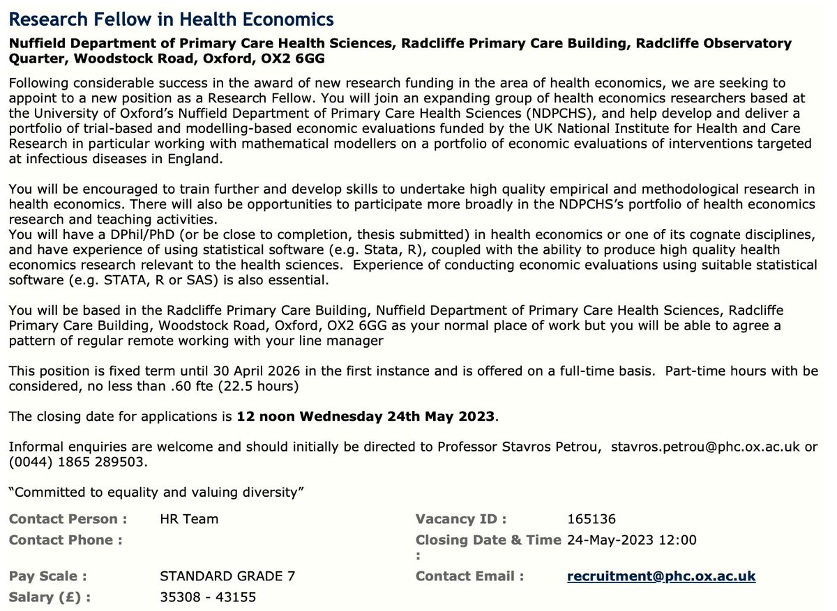 Warwick Uni SBIDER (@warwicksbider) on Twitter photo 🚨 Job alert 🚨
Health Economist Postdoc role available to join the <a href="/NIHRresearch/">National Institute for Health and Care Research</a> funded MEMVIE project with Stavros Petrou <a href="/OxPrimaryCare/">OxPrimaryCareSci</a>.
Closing date: 12 noon, Wed 24 May 2023
🔗: my.corehr.com/pls/uoxrecruit…
#EpiTwitter #postdocposition #postdocjobs 🚨 Job alert 🚨
Health Economist Postdoc role available to join the <a href="/NIHRresearch/">National Institute for Health and Care Research</a> funded MEMVIE project with Stavros Petrou <a href="/OxPrimaryCare/">OxPrimaryCareSci</a>.
Closing date: 12 noon, Wed 24 May 2023
🔗: my.corehr.com/pls/uoxrecruit…
#EpiTwitter #postdocposition #postdocjobs