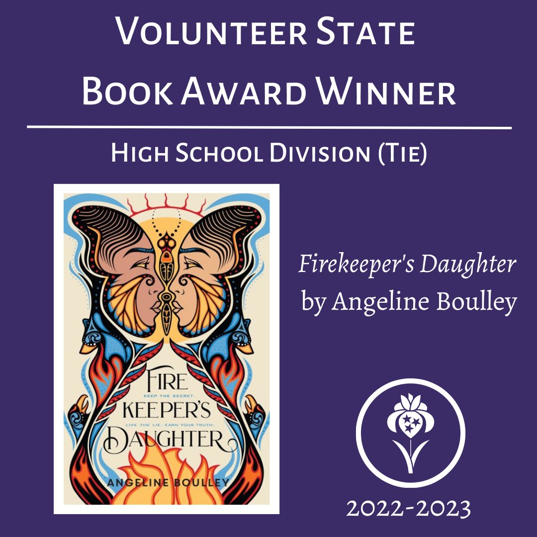 We have a tie for the Volunteer State Book Award winner of the 2022-2023 High School Division! First up, congratulations to Firekeeper's Daughter by <a href="/FineAngeline/">Angeline Boulley - #FIREKEEPERSDAUGHTER</a>! 🎉 
<a href="/TASLTN/">TASL</a> <a href="/TNLA/">Tennessee Library Association</a>