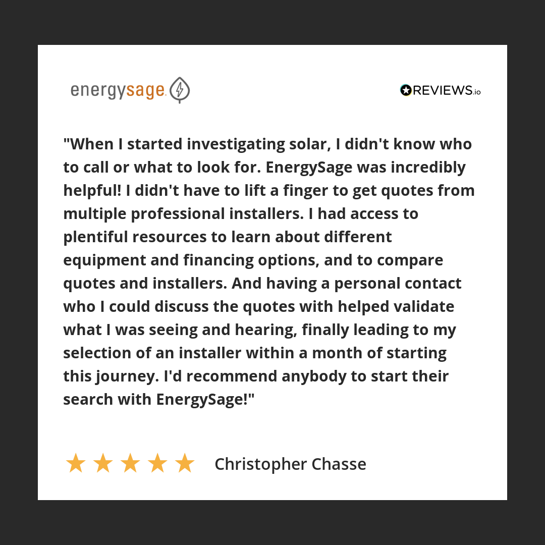 EnergySage's tweet photo. At EnergySage, we want every solar shopper’s experience to be as easy as Christopher’s. We’ll be here to answer your questions, help you compare options, and be confident in your final decision. You can read more experiences here: https://t.co/mgFv4Qis3R

#EnergySage #CleanEnergy https://t.co/oi7Un05jNV