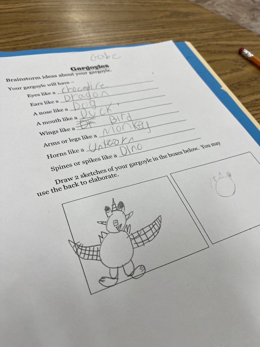 PamThompsonArt's tweet photo. A 4th grader Learning the Artistic Process, Plan/Sketch/Research/Practice/Final project/Reflection… excited to see how his plan works with clay next week! ⁦@RosemontForest⁩ #ROFO Bears Create Awesomeness! https://t.co/AnrGEX3roS