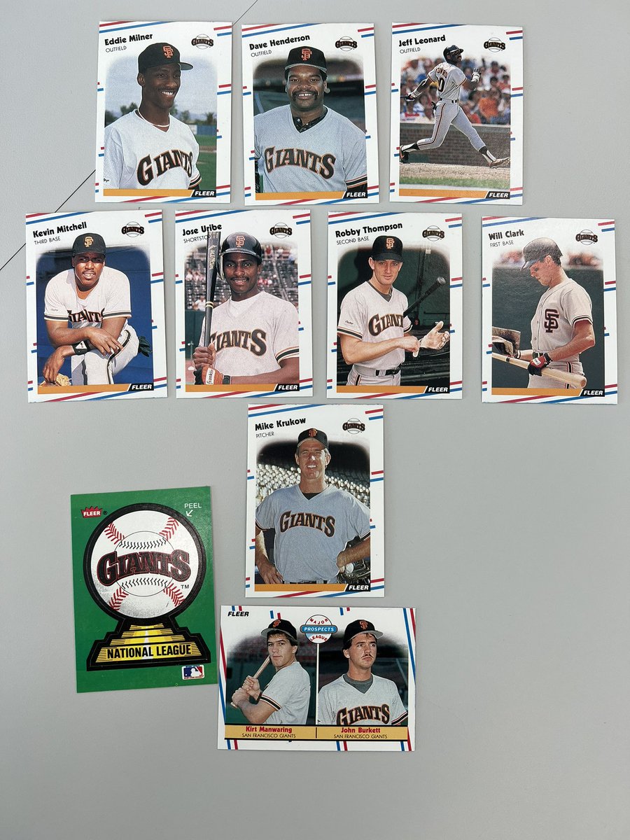 Boffuss's tweet photo. Got to rip some 1988 fleer packs at work today and made a full giants lineup https://t.co/Evlliwf3V5