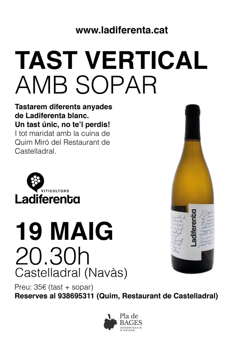 Tast vertical de Ladiferenta blanc!. Divendres 19 de maig del 2023!. Tastarem diferenta anyades del nostre blanc.
Tastarem i després soparem
Tast + dinar: 35€
No t’ho perdis! Places limitades!

Reserva al 938695311 (Quim, Restaurant Castelladral)