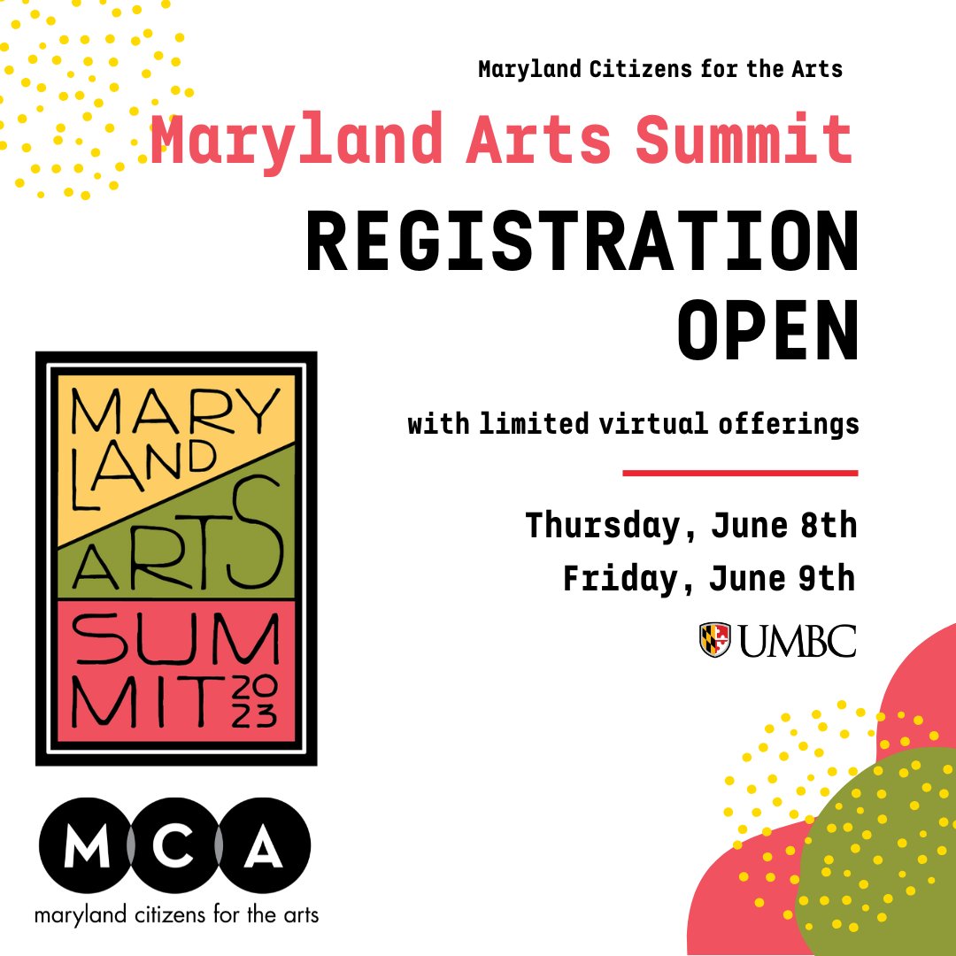 Registration Is Now Open! 📷
Join your fellow artists and arts administrators from across the state as we network, celebrate community achievements, discuss important issues, and challenge each other with fruitful dialogue and action.
mdarts.org/summit/ #mdarts23