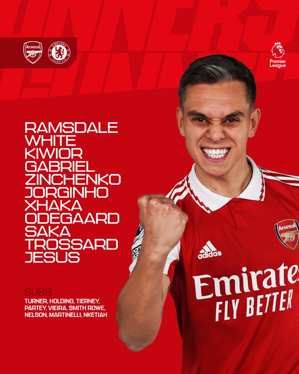 Arsenal's tweet photo. 🔴 𝗧𝗘𝗔𝗠𝙉𝙀𝙒𝙎 ⚪️

🧱 Kiwior at the back
⚖️ Jorginho in the middle
🪄 Trossard on the wing
 
Three changes from our last game - let's do this, Gunners! https://t.co/J5tVFLhaZF