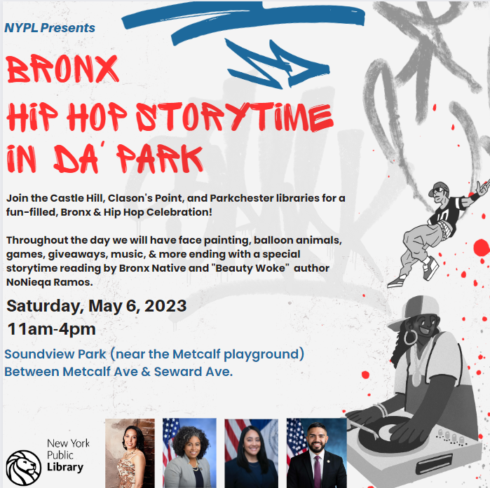 PKRLibrary's tweet photo. Castle Hill, Clason's Point, and Parkchester Library for a fun-filled Hip-Hop Celebration

You don't want to miss this amazing event!  #nypl #parkchesterlibrary #clasonspointlibrary #castlehilllibrary #hiphop #storytime https://t.co/pIiN723OtG