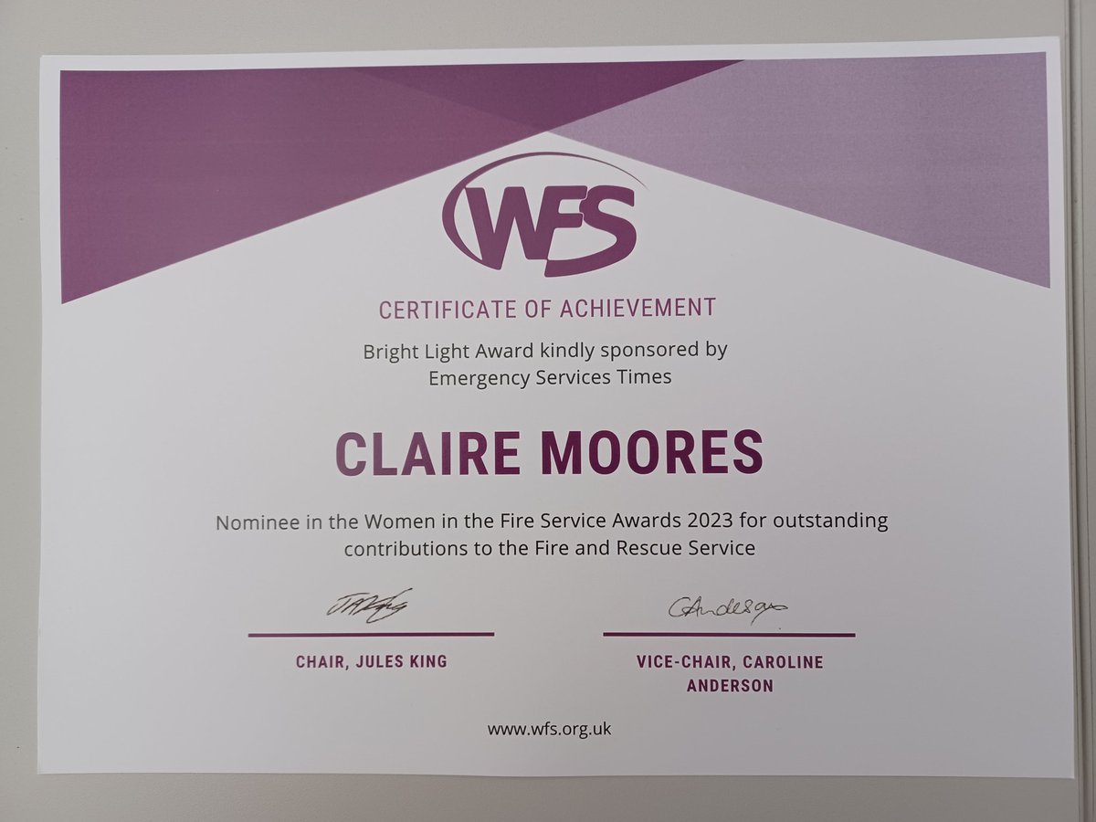 Very proud to have been nominated for a Bright Light Award at the <a href="/WFSUK1/">Women in the Fire Service UK</a> Awards last month for my work <a href="/CheshireFire/">Cheshire Fire and Rescue Service</a>, well done to all the incredible nominees !🚒❤️