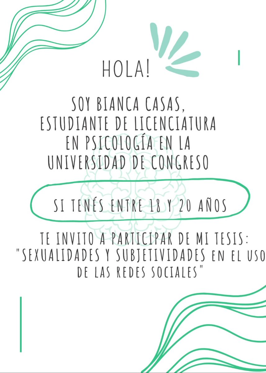Hola! 👋🏻👋🏻
Si tenés entre 18 y 20 años, y vivís en Mendoza, te invito a participar de mi tesis "Sexualidades y Subjetividades en el uso de las redes sociales"
docs.google.com/forms/d/1oYqbj…
