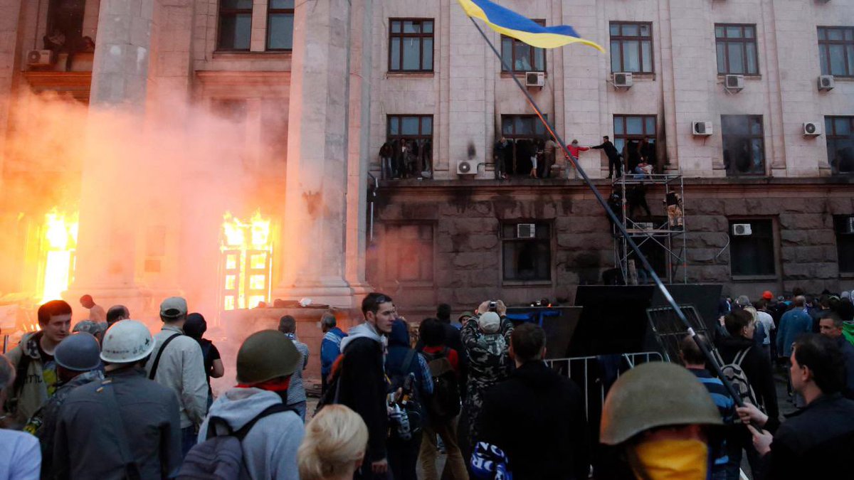 habitualasshole's tweet photo. On this day 9 years ago, nearly 50 people demonstrating against the U.S.-installed, post-Maidan coup regime in Kiev were burned alive in the Odessa Trade Union building. The massacre was orchestrated by many reactionary forces including ultranationalists and neo-Nazis, but also included local police and, such is the case for Aleksey Goncharenko, soon-to-be elected European politicians. “Slava Ukraini” — a slogan originated by Stepan Bandera during his collaboration with the Nazis in WWII — and the Ukrainian national anthem can be heard shouted and sung proudly in footage of the horrific event, as living bodies within the building continued to burn. Some of them were minors. By the end of it all 42 people were burned alive and 6 were shot dead. 

The massacre has largely been ignored by Western media. On this day, nearly a decade later, we remember Odessa.