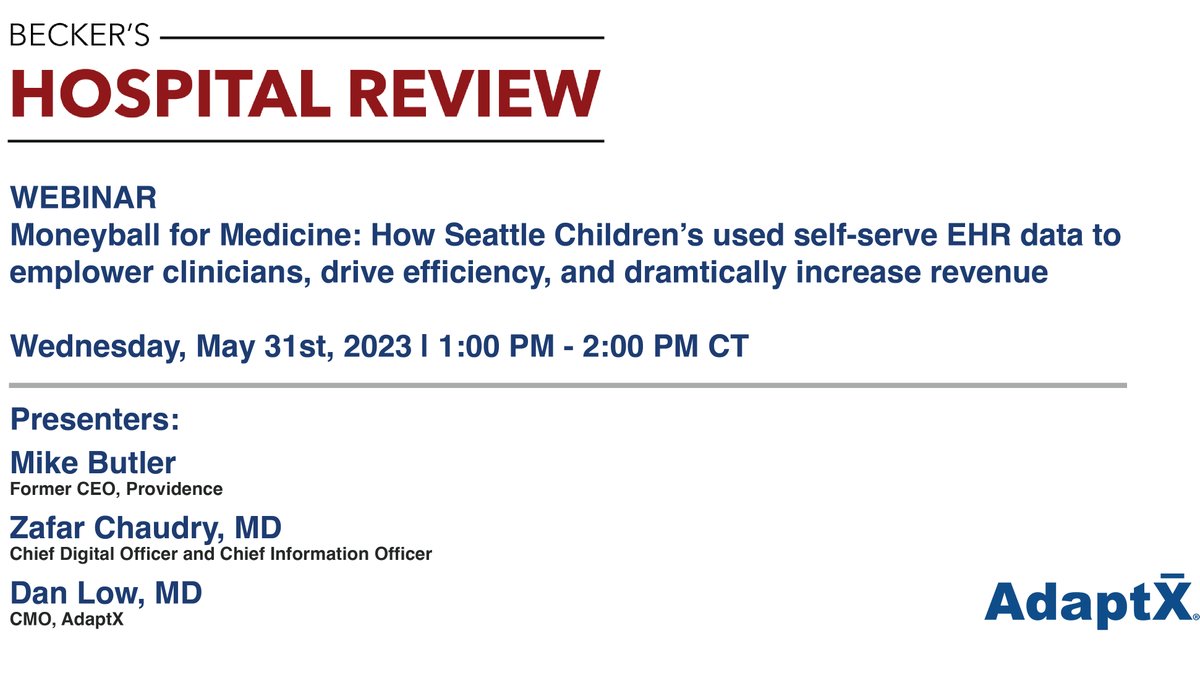 AdaptXclinical's tweet photo. Webinar  |  Moneyball for Medicine: How Seattle Children's used self-serve EHR data to empower clinicians, drive efficiency, &amp; dramatically increase revenue  |  May 31 at 10 am PT/2pm ET

Register today https://t.co/dkXXKgrcAE

#healthcareinnovation #healthcaredata https://t.co/jmudQ7jhi8