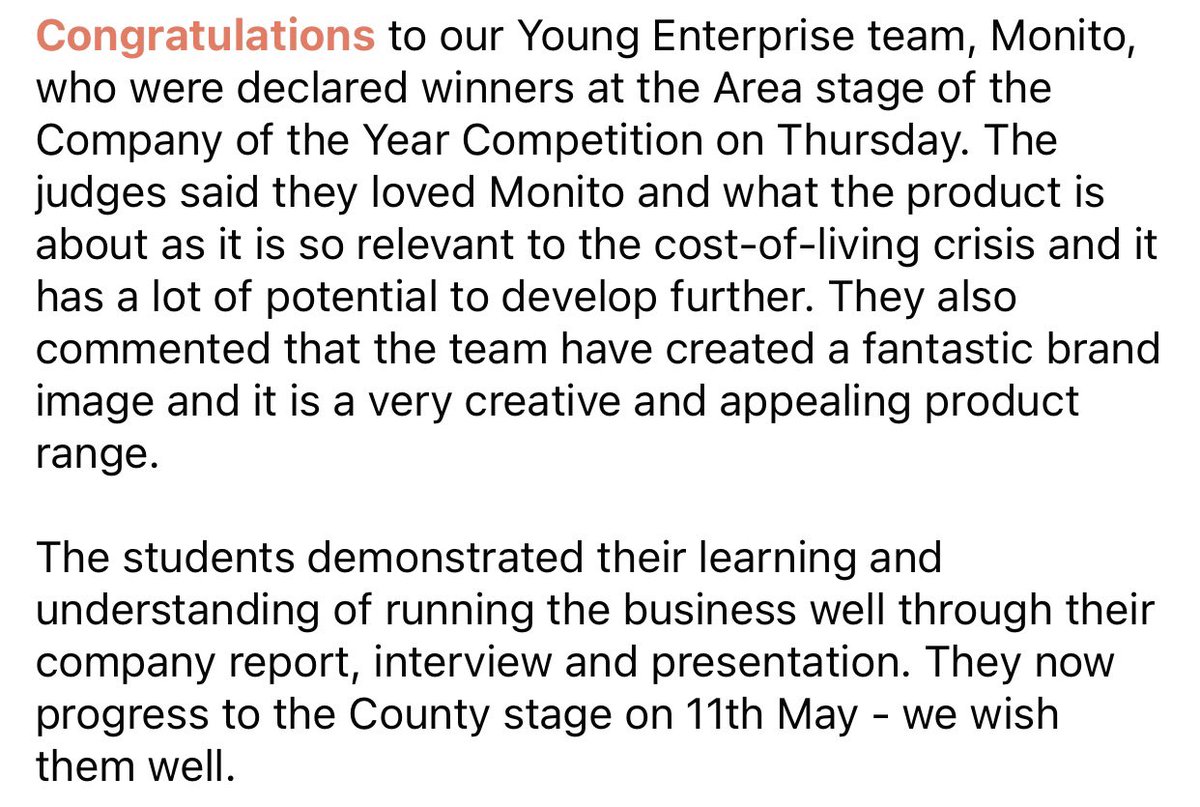 Congratulations to our Young Enterprise team, Monito, who were declared winners at the Area stage of the Company of the Year Competition on Thursday. They now progress to the County stage on 11th May - we wish them well. 

#BromsYE #BromsBusiness #YoungEnterprise #MonitoUK