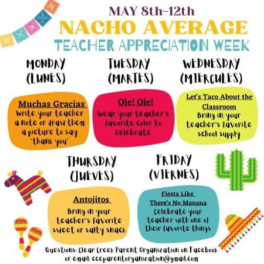 We can’t wait to celebrate teachers next week.  Please see how you can recognize our amazing team below!