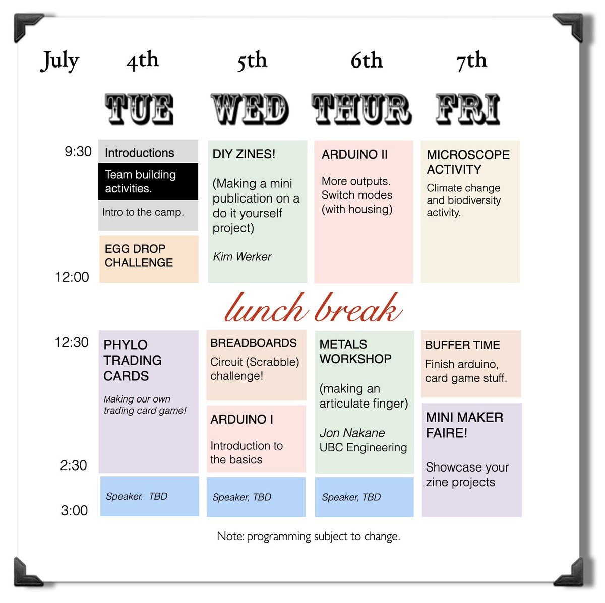 Vancouver followers: just a heads up that my lab's annual Girls' Maker Camp is now open for registration.  Suitable for girls entering Gr7 and/or Gr8 and curious about coding, STEM, and crafts!  July 4th to 7th.  Details at bioteach.ubc.ca/portfolio/make…

<a href="/ubcmsl/">Michael Smith Labs</a> <a href="/UBC/">University of British Columbia</a> #STEMeducation