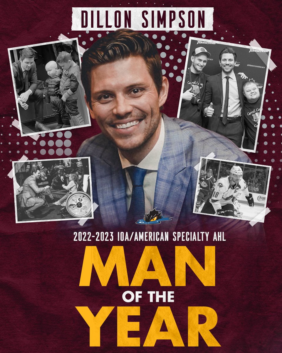 x - Cleveland Monsters (@monstershockey) on Twitter photo We are proud to announce that <a href="/Simmer18/">Dillon Simpson</a> has been named the Cleveland Monsters 2022-23 IOA/American Specialty <a href="/TheAHL/">American Hockey League</a> Man of the Year 👏👏
From hosting Simmer's Sidekicks to being an actual sidekick for Batman Brooks, read all about Dillon here ➡ bit.ly/ClevelandMonst… We are proud to announce that <a href="/Simmer18/">Dillon Simpson</a> has been named the Cleveland Monsters 2022-23 IOA/American Specialty <a href="/TheAHL/">American Hockey League</a> Man of the Year 👏👏
From hosting Simmer's Sidekicks to being an actual sidekick for Batman Brooks, read all about Dillon here ➡ bit.ly/ClevelandMonst…