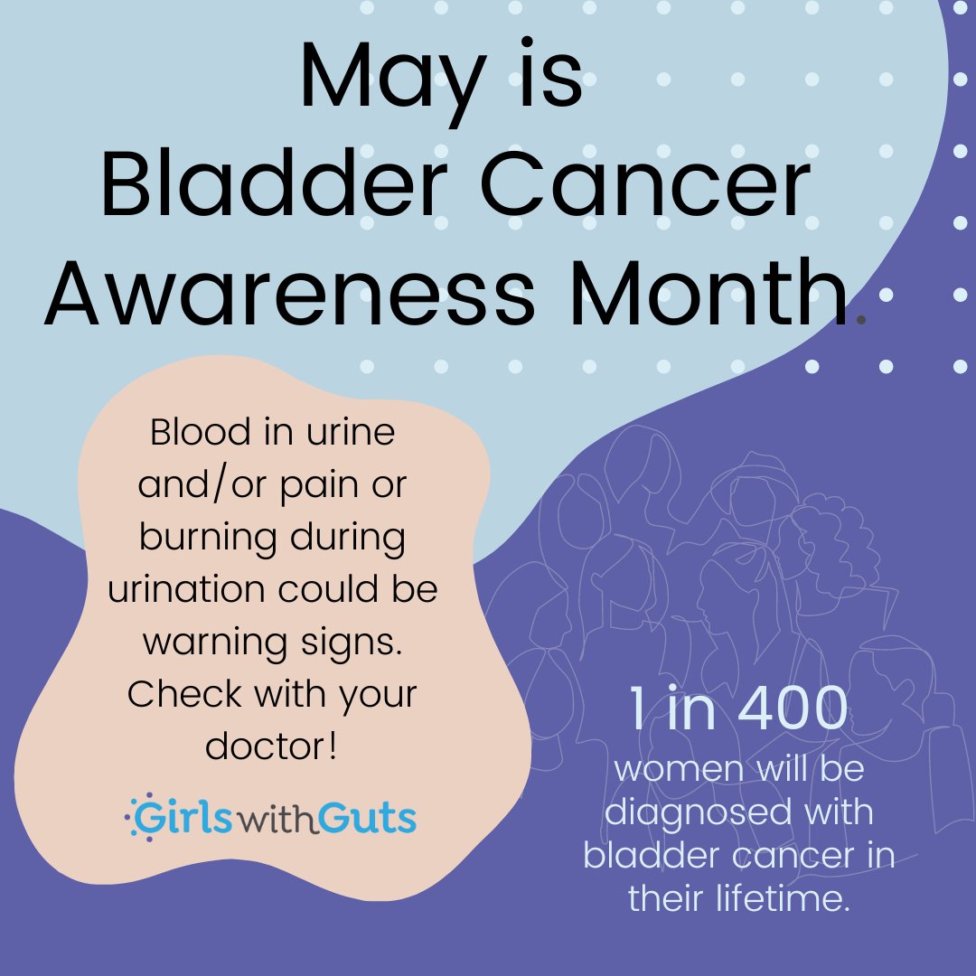 May is Bladder Cancer Awareness Month! 

If you notice blood in urine and/or pain during urination speak w/ your doctor. To learn more check out this historic blog, 'Women and Bladder Cancer,' from Annemarie: 

girlswithguts.org/blog/women-and…

#BladderCancerAware  #urostomy