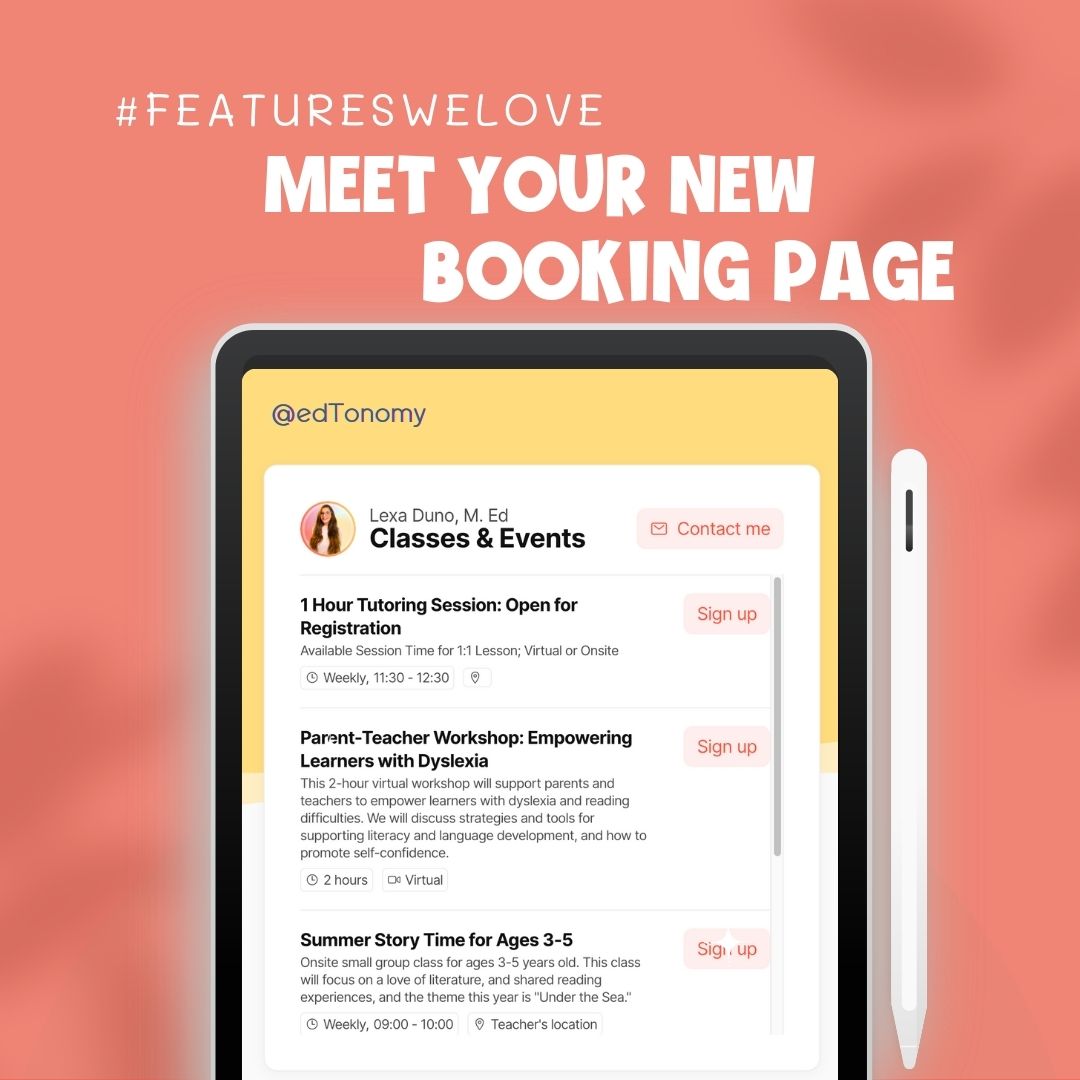 edtonomy's tweet photo. Our fave @edtonomy feature? The Personal Booking Page 💯 Share and promote your teaching services and accommodate all types of classes, camps, &amp; workshops--whether you teach yoga, cooking, or coding ✔️✔️✔️ Sign up for your free account! 🔗https://t.co/mRQkqJY8qx https://t.co/7f8JKlG0h8