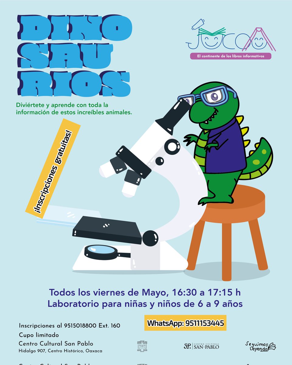Seguimosleyendo's tweet photo. #JUCOA "El continente de los libros informativos" te invita al laboratorio para niñas y niños de 6 a 9 años interesados en el tema de los dinosaurios. ¡Inscripciones gratuitas! @FundacionAHHO @fahho_sanpablo https://t.co/N5mpZmmWLr