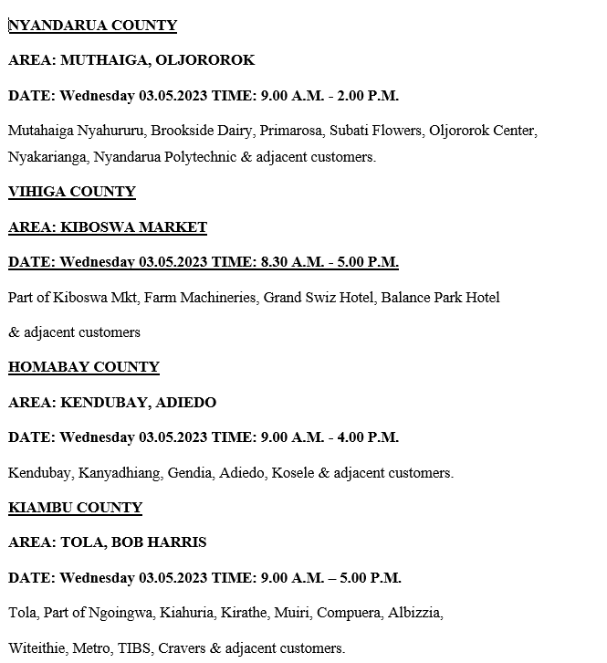 KenyaPower_Care's tweet image. Good evening our esteemed customers, the following areas are scheduled for power interruption dated tomorrow (3/5/2023).^MK.