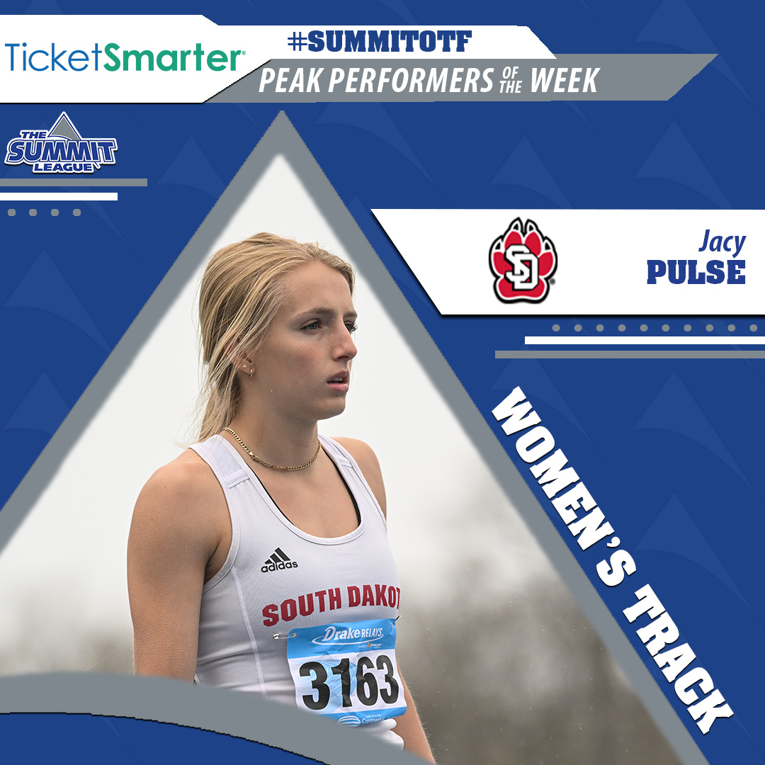 TheSummitLeague's tweet photo. She's no stranger... 

Everyone, this week's @TicketSmarter Women's Track Peak Performer of the Week, @SDCoyotesXCTF's Jacy Pulse 🤩

📰: https://t.co/AUiTi5JOXl

#ReachTheSummit x #SummitOTF https://t.co/Zhz8sr6tQZ