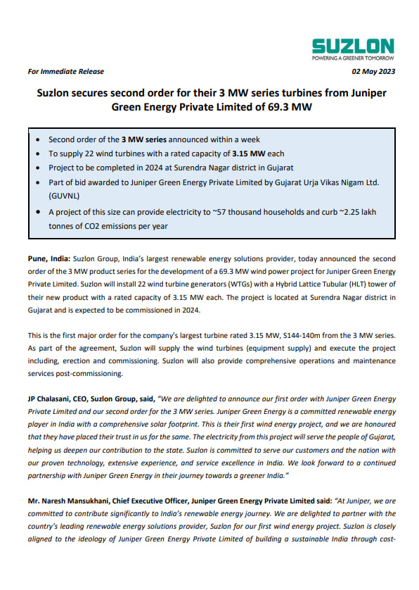 MarketVedantA's tweet image. Suzlon secures second order for their 3 MW series turbines from Juniper Green Energy Private Limited of 69.3 MW

#Suzlon #secures #secondorder #3MW #series #turbines #JuniperGreenEnergy