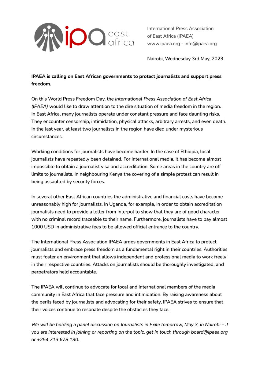 Last year journalists in East Africa have been killed, detained and intimidated.

We call on East African governments to protect journalists and stop harrassment.

#FreeThePress #WPFD2023 #WPFD