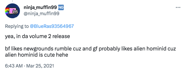 NgR_History's tweet photo. ninjamuffin99 (programmer behind FNF) answered a question about what Boyfriend and Girlfriend favorite video game is. 

Boyfriend's favorite game is Newgrounds Rumble and Girlfriend's favorite game is Alein Hominid.

#newgrounds #newground #newgroundsrumble #ngrumble #ngr #flash https://t.co/p8q0jCq0n4