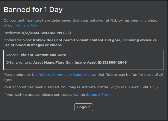 4352X3's tweet photo. Just got banned for the dumbest reason! 
#Roblox #RobloxModeration #CancelRobloxModeration https://t.co/fFXgTqpfFD
