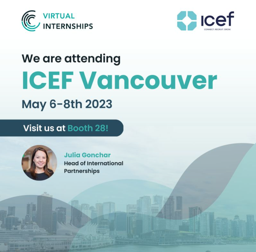 Going to #ICEFVancouver this weekend? Catch #virtualinternships at booth 28!
eu1.hubs.ly/H03FLKS0
👉  Connect with Julia Gonchar to discuss career-building opportunities through #onlineeducation and #internships.

#workintegratedlearning #remotework #remoteinternships