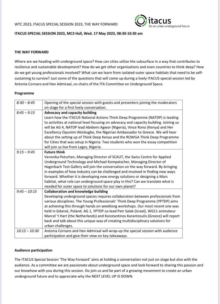 We are so excited to share our program of
our upcoming special session at the World Tunnel Congress, 2023 in Athens!