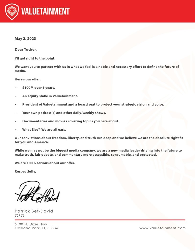 valuetainment's tweet photo. Dear @TuckerCarlson, here’s why we believe we’re the right fit for you.   

The letter of intent from our CEO @patrickbetdavid 👇🏽 https://t.co/lx8XGguRcB